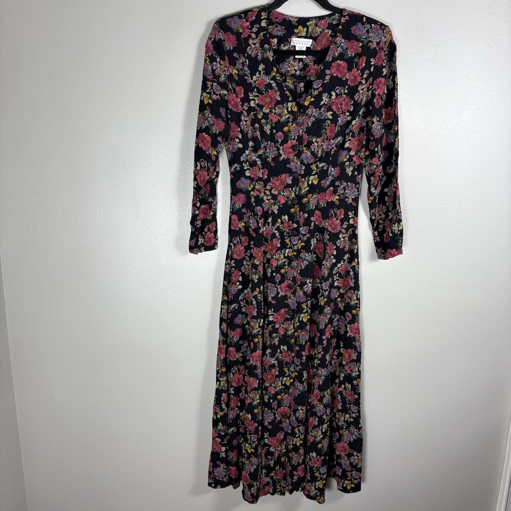 Compagnie Internationale‎ Express 13/14 Black Floral Button Front Maxi Dress VTG